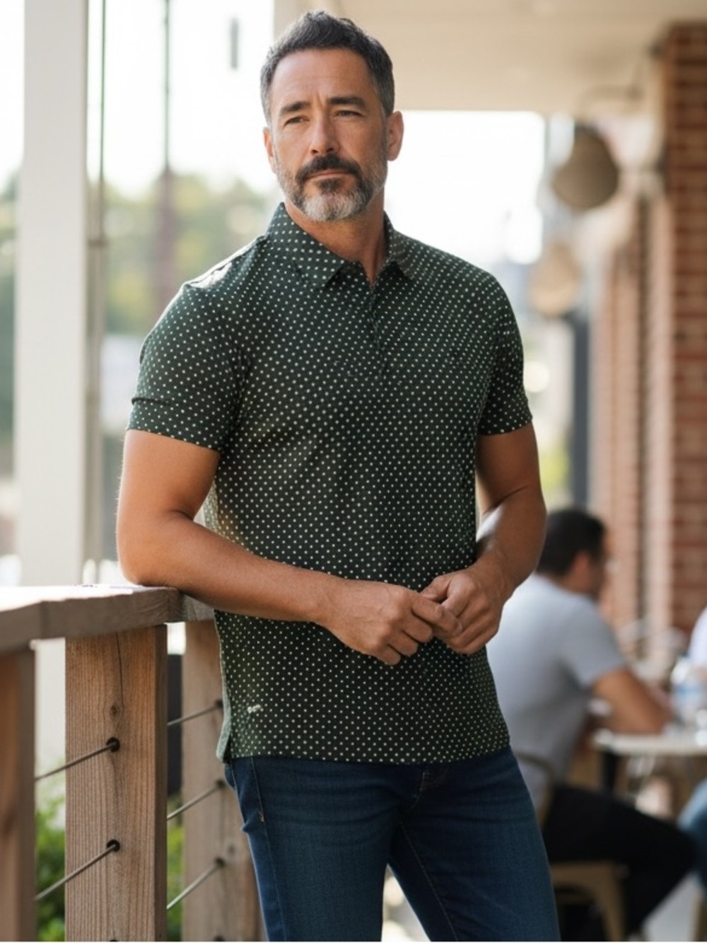 BYLT Premium Basics NEW Drop Cut Polo Shirt Green Polka Dot Stretch Lux Sz.M